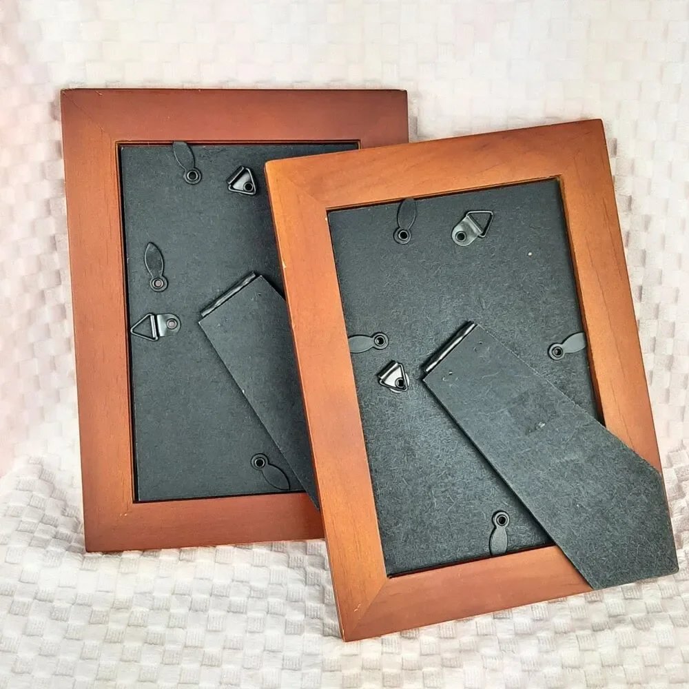 Vintage Set of 2 Photo Frames Wood Inlay Glass for Pictures 7 x 5 inch Freestand
